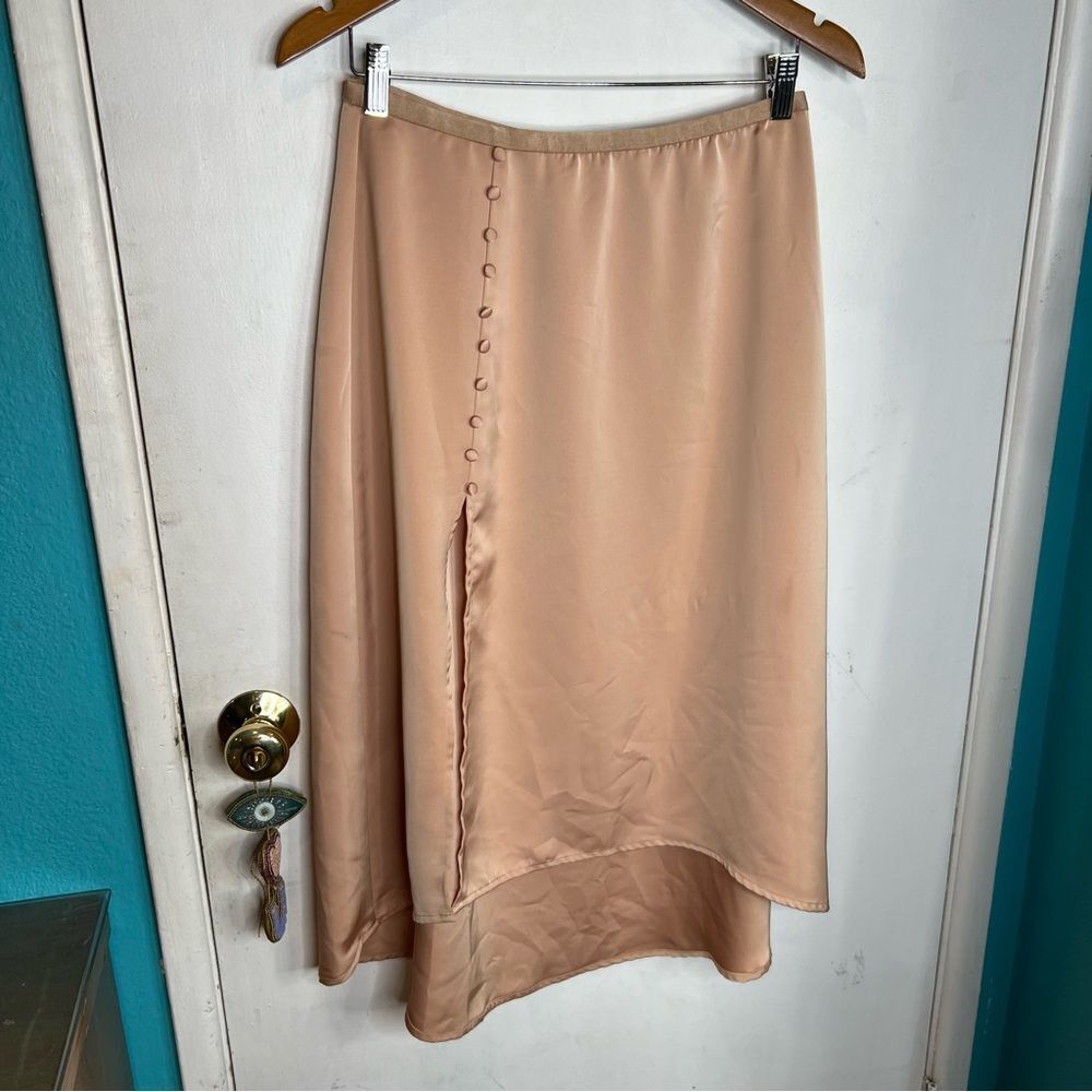 OGL satin skirt front slit elastic waist buttons